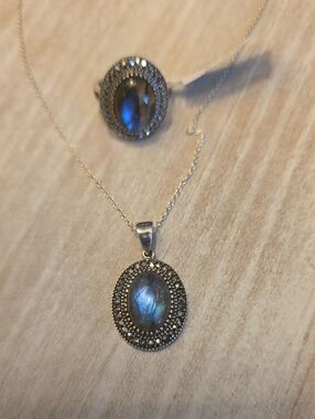 Labradorite Marcasite Halo Sterling Silver Pendant Necklace & Statement Ring Set